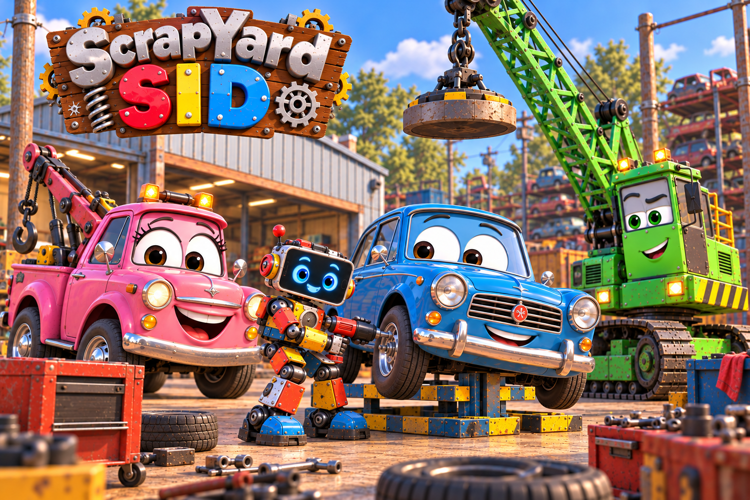 Sid with Penny the Pick Up, a cheerful blue car and their green crane friend in the scrapyard