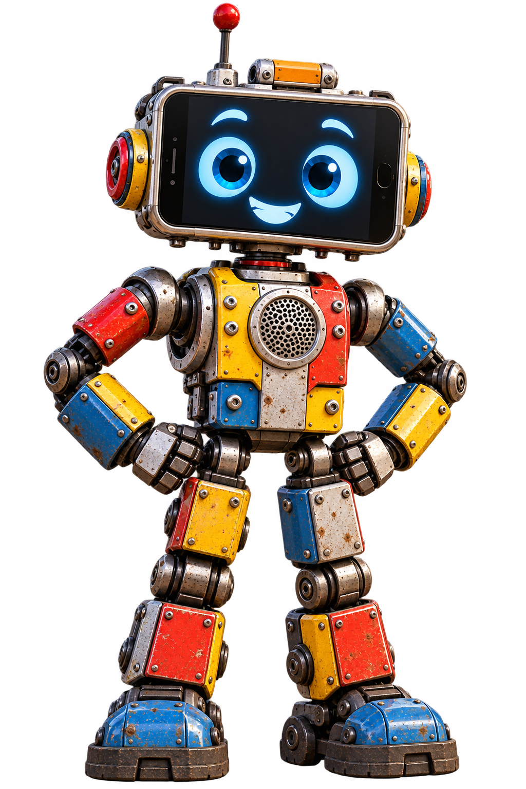 Sid, a friendly patchwork robot in red, yellow and blue, standing with his hands on his hips