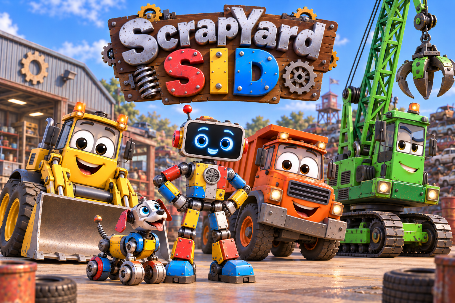 ScrapYard Sid and his robot dog with their cheerful digger, truck and green crane friends